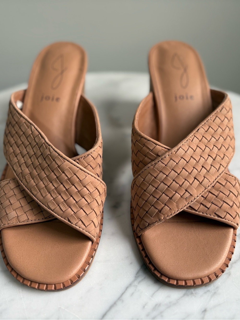 Joie Woven Leather Mule Sandals Tan Block Heel Slides Size 7